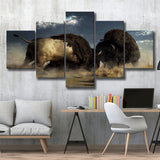 American Buffalo Battle, Bisons Wall Art 5 Panels, Canvas Prints Wall Art Decor, Large Canvas Art
