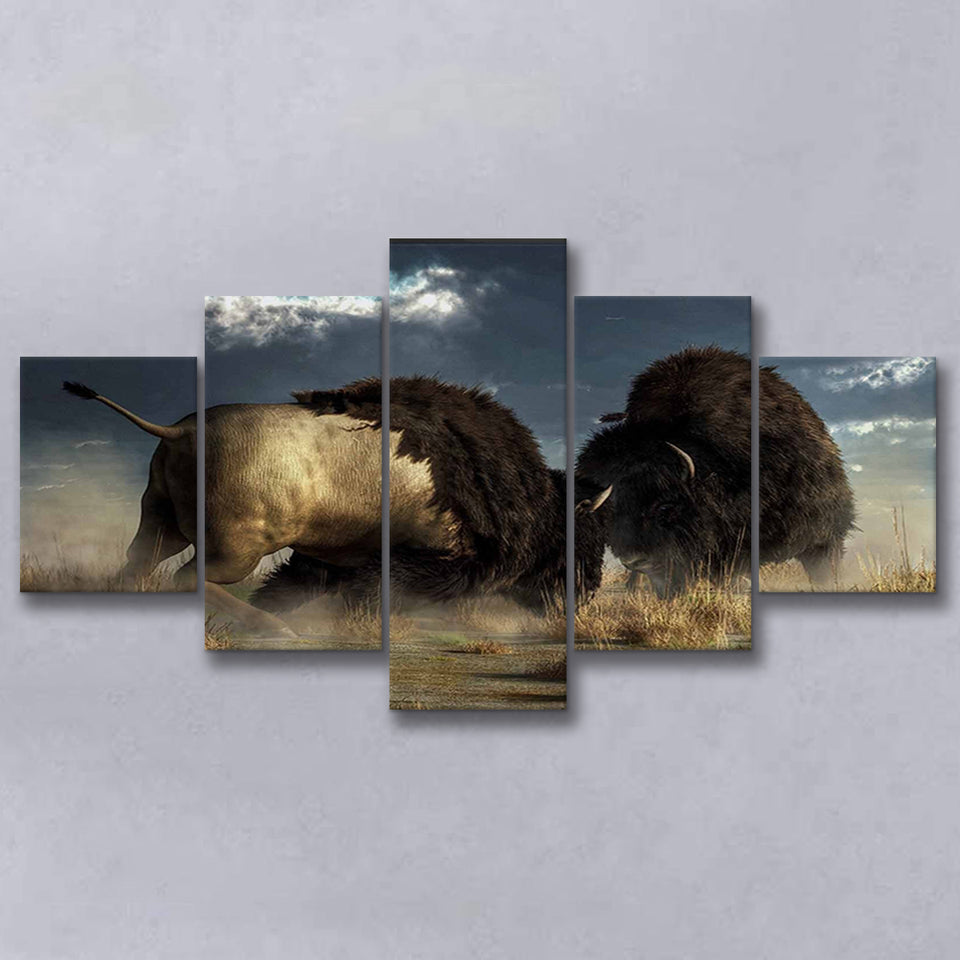 American Buffalo Battle, Bisons Wall Art 5 Panels, Canvas Prints Wall Art Decor, Large Canvas Art