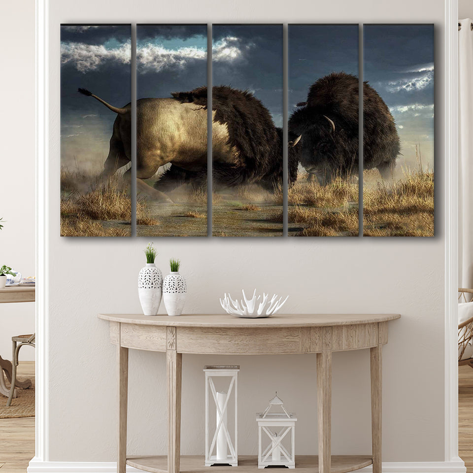 American Buffalo Battle, Bisons Wall Art Larger Canvas Art, 5 Piece Canvas Prints Wall Art Decor