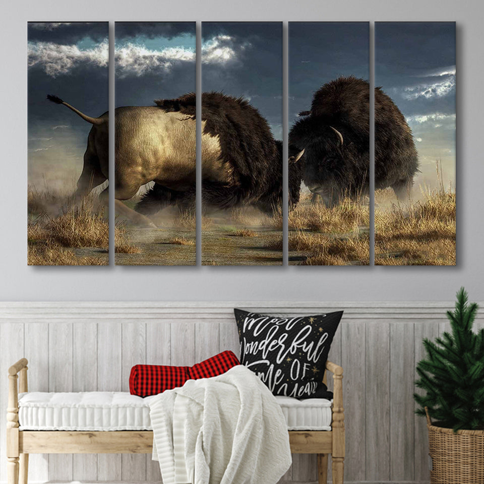 American Buffalo Battle, Bisons Wall Art Larger Canvas Art, 5 Piece Canvas Prints Wall Art Decor