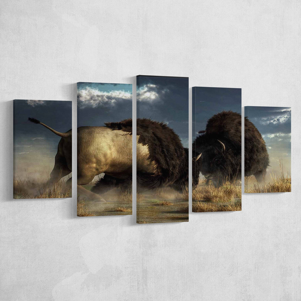 American Buffalo Battle, Bisons Wall Art 5 Panels, Canvas Prints Wall Art Decor, Large Canvas Art