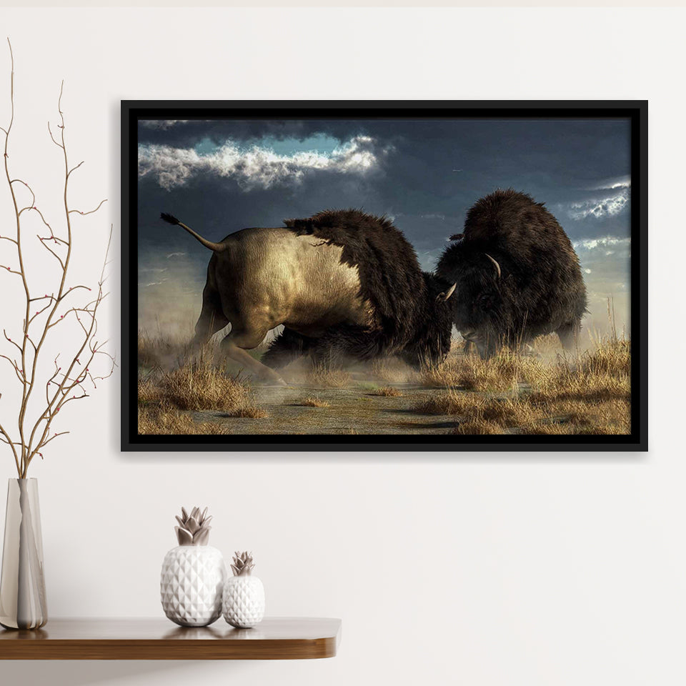 American Buffalo Battle, Bisons Wall Art Framed Canvas Prints Wall Art Home Decor,Floating Frame