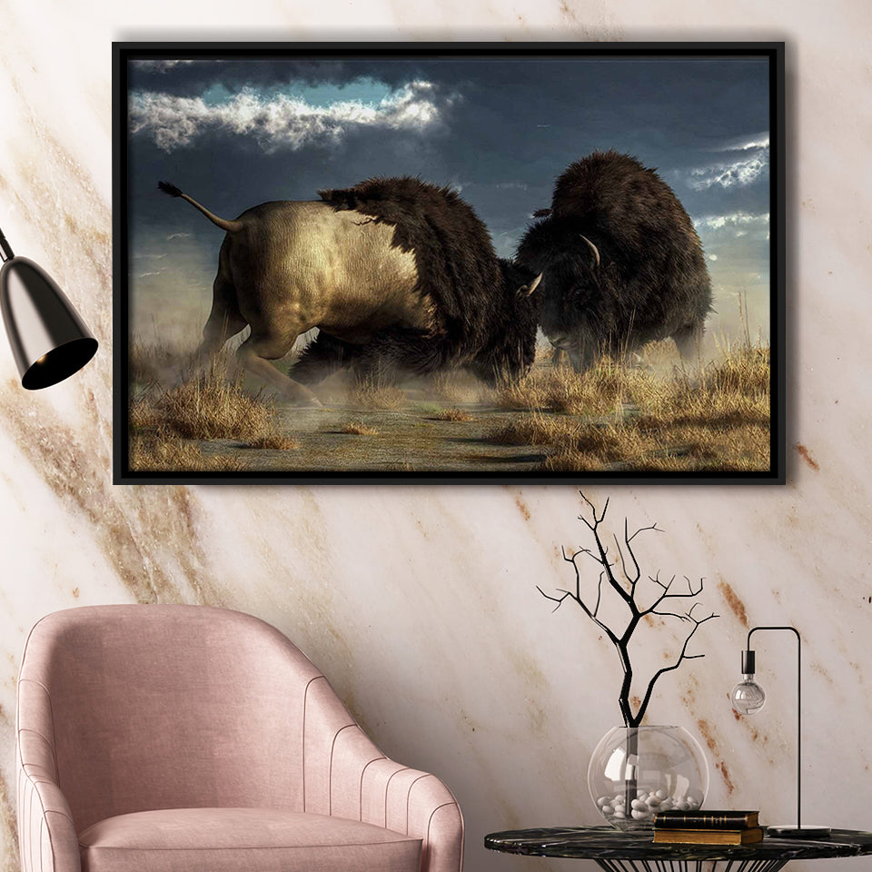 American Buffalo Battle, Bisons Wall Art Framed Canvas Prints Wall Art Home Decor,Floating Frame