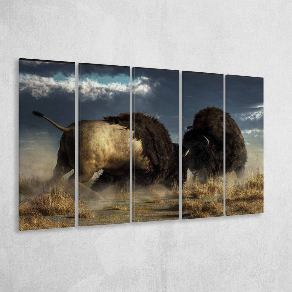 American Buffalo Battle, Bisons Wall Art Larger Canvas Art, 5 Piece Canvas Prints Wall Art Decor