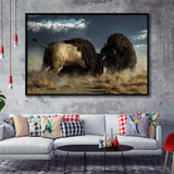 American Buffalo Battle, Bisons Wall Art Framed Canvas Prints Wall Art Home Decor,Floating Frame