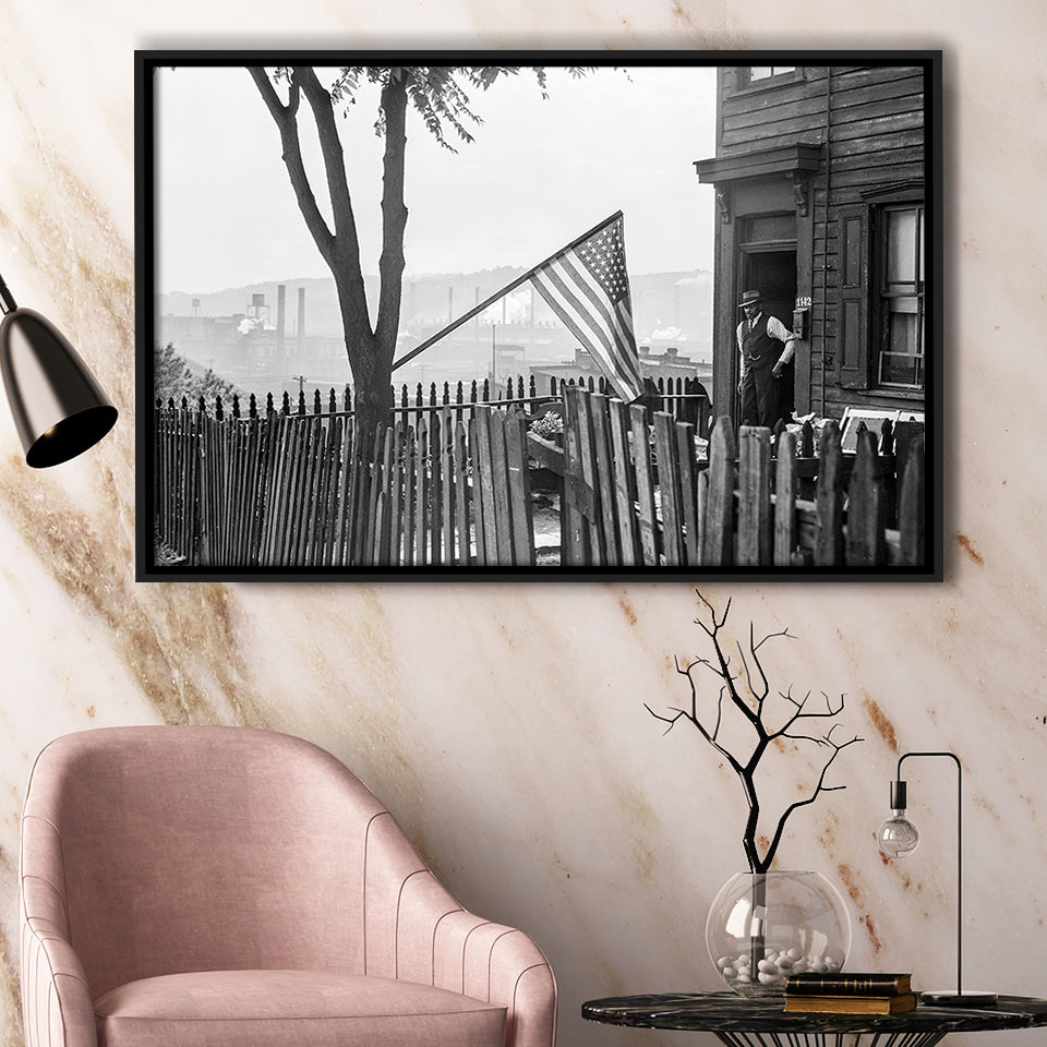 American Flag Black And White Print, Flag Day In Pittsburgh Pennsylvania Framed Canvas Prints Wall Art Home Decor,Floating Frame