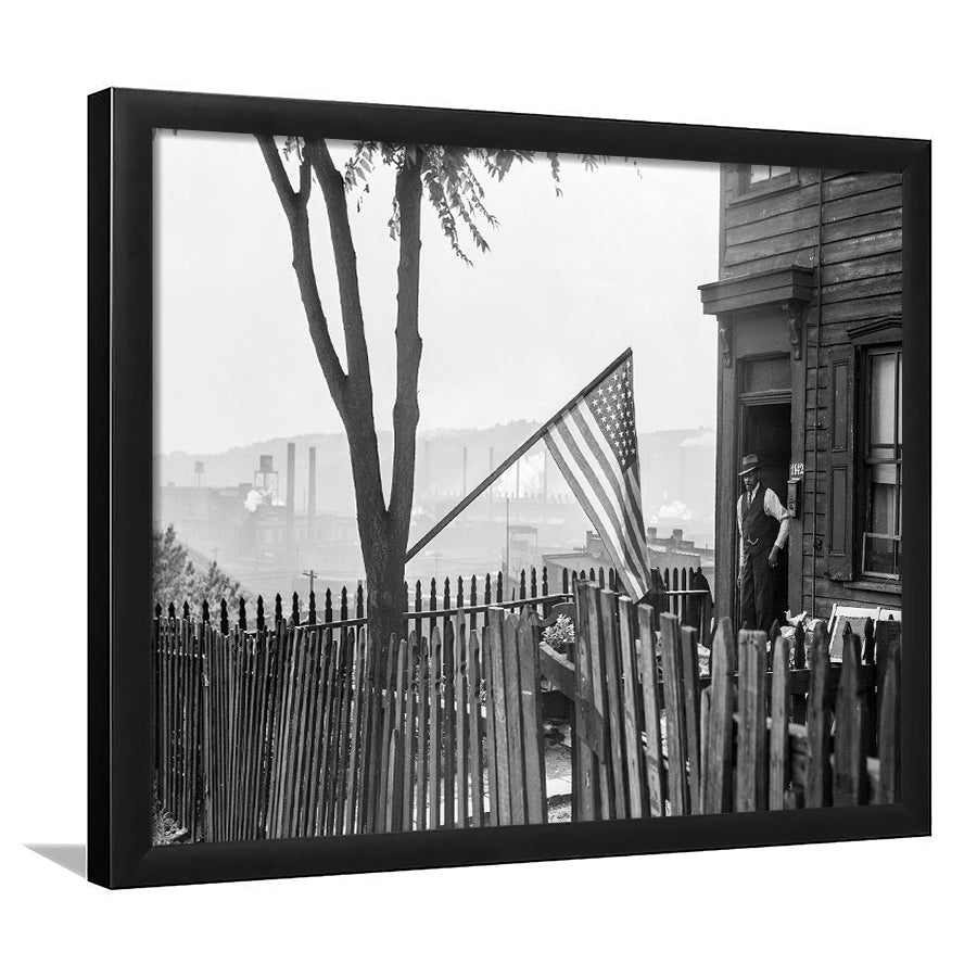 American Flag Black And White Print, Flag Day In Pittsburgh Pennsylvania Framed Art Prints, Wall Art,Home Decor,Framed Picture