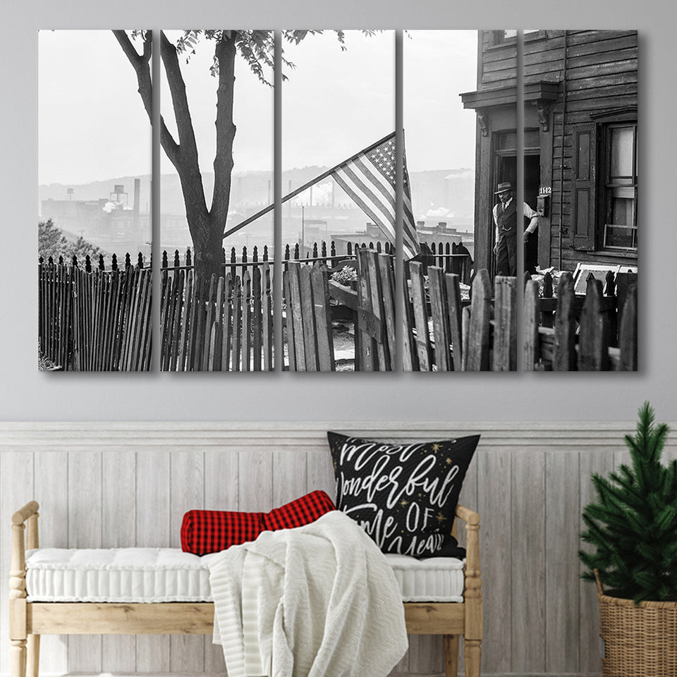 American Flag Black And White Print, Flag Day In Pittsburgh Pennsylvania Larger Canvas Art, 5 Piece Canvas Prints Wall Art Decor