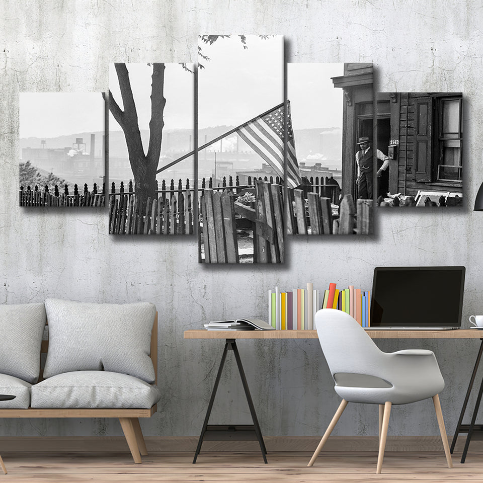 American Flag Black And White Print, Flag Day In Pittsburgh Pennsylvania 5 Panels, Canvas Prints Wall Art Decor, Large Canvas Art
