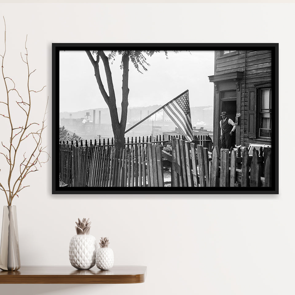 American Flag Black And White Print, Flag Day In Pittsburgh Pennsylvania Framed Canvas Prints Wall Art Home Decor,Floating Frame