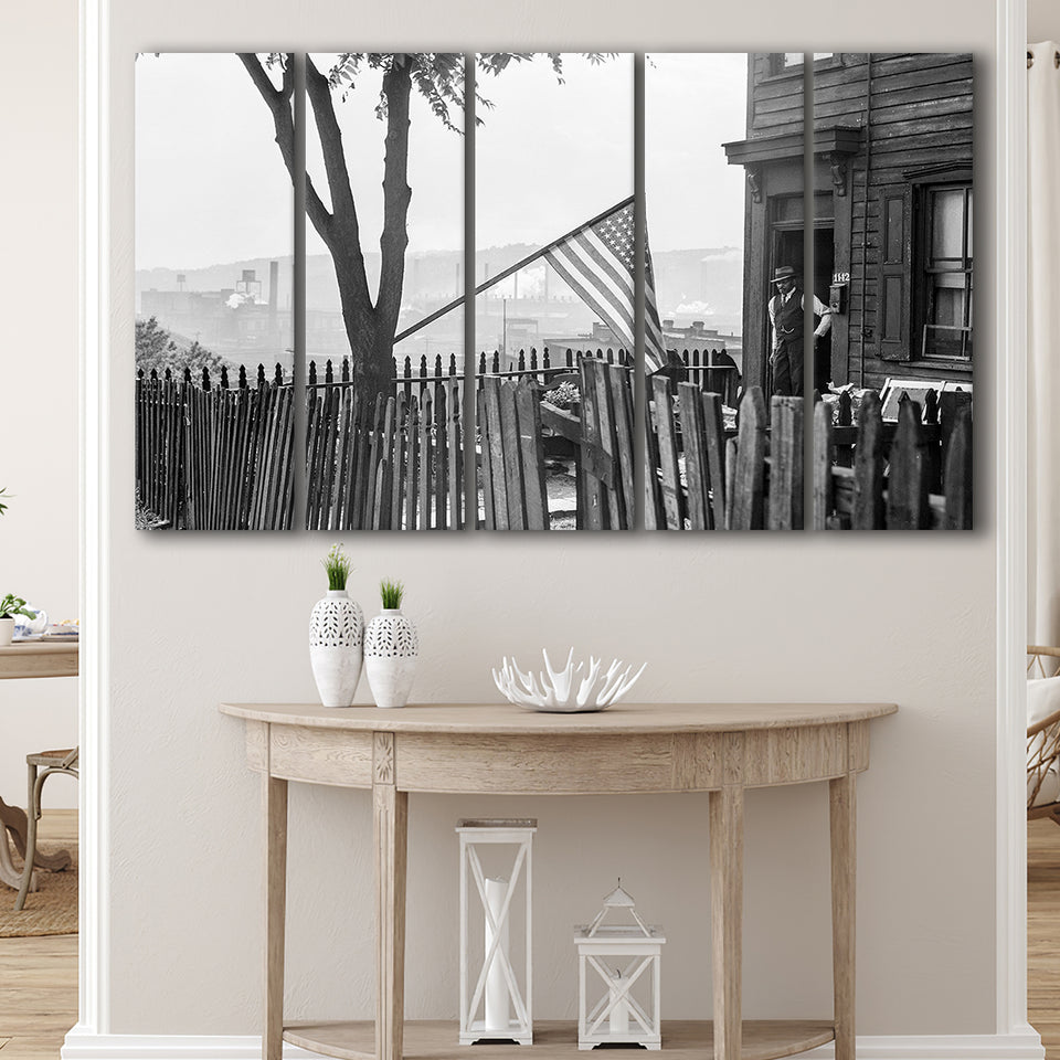 American Flag Black And White Print, Flag Day In Pittsburgh Pennsylvania Larger Canvas Art, 5 Piece Canvas Prints Wall Art Decor