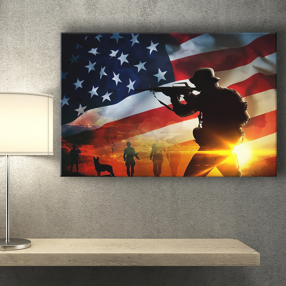 American Flag Soldier Salute Silhouettes Patriotic Gift For Veteran Canvas Prints Wall Art - Painting Canvas, Veteran Gift, For Sale