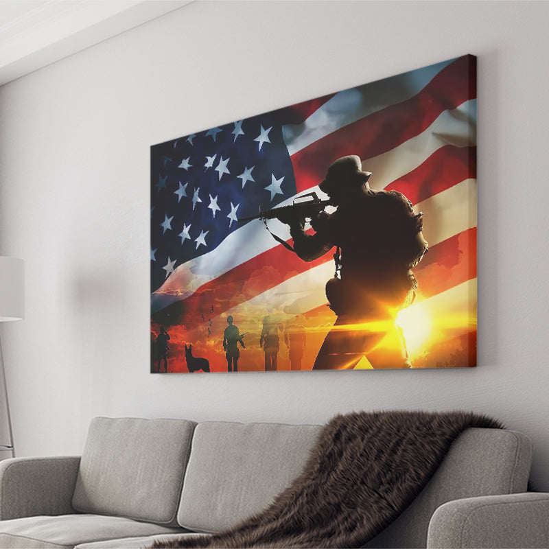 American Flag Soldier Salute Silhouettes Patriotic Gift For Veteran Canvas Prints Wall Art - Painting Canvas, Veteran Gift, For Sale