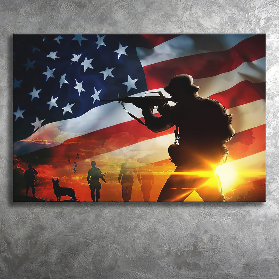 American Flag Soldier Salute Silhouettes Patriotic Gift For Veteran Canvas Prints Wall Art - Painting Canvas, Veteran Gift, For Sale