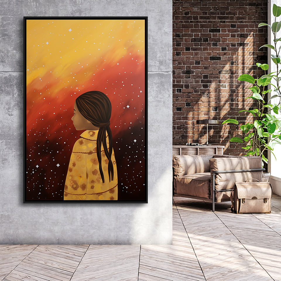 American Girl Native Acrylic Painting Kids Room Art,Framed Canvas Prints,Floating Frame, Wall Art Home Decor
