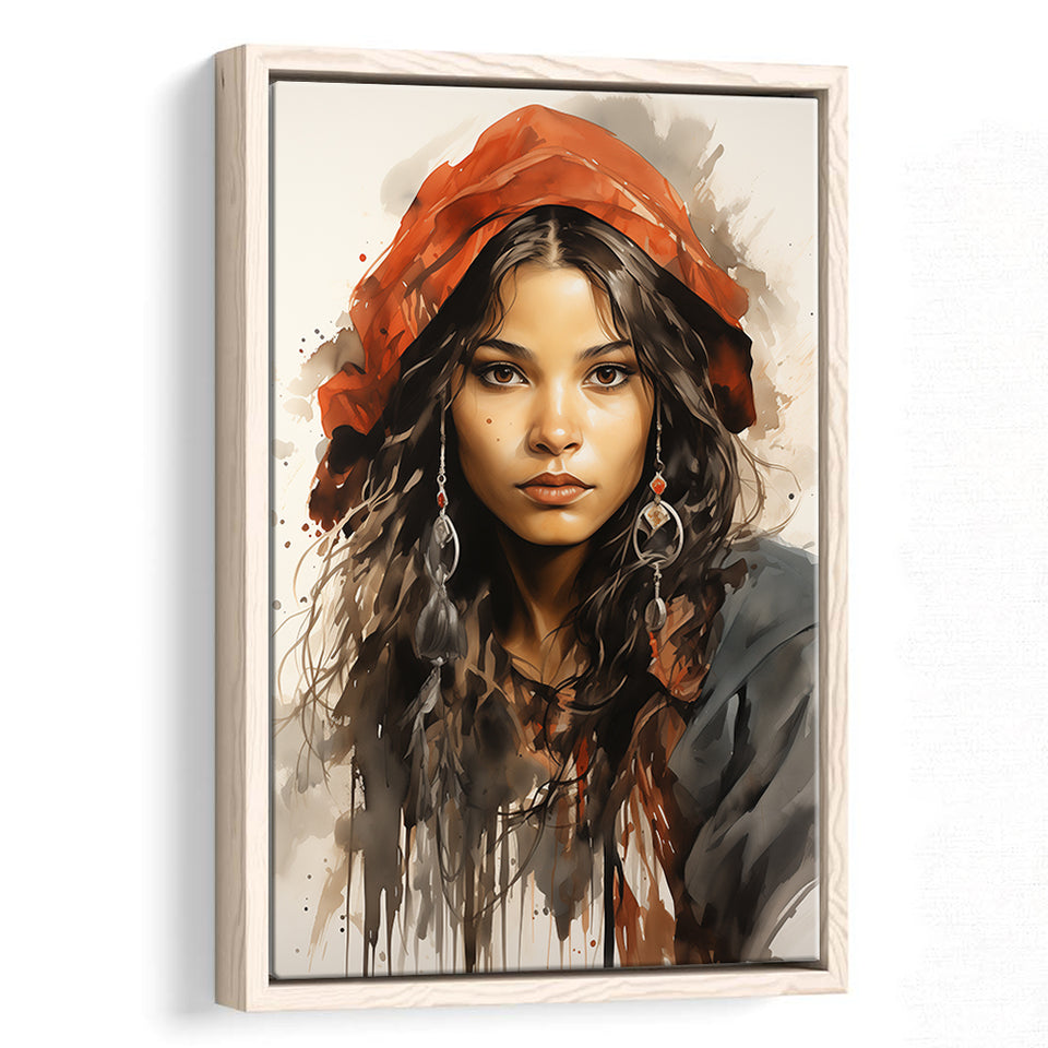 American Girl Native Ink Painting,Framed Canvas Prints,Floating Frame, Wall Art Home Decor