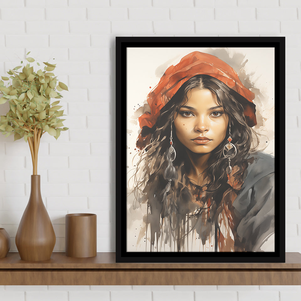 American Girl Native Ink Painting,Framed Canvas Prints,Floating Frame, Wall Art Home Decor