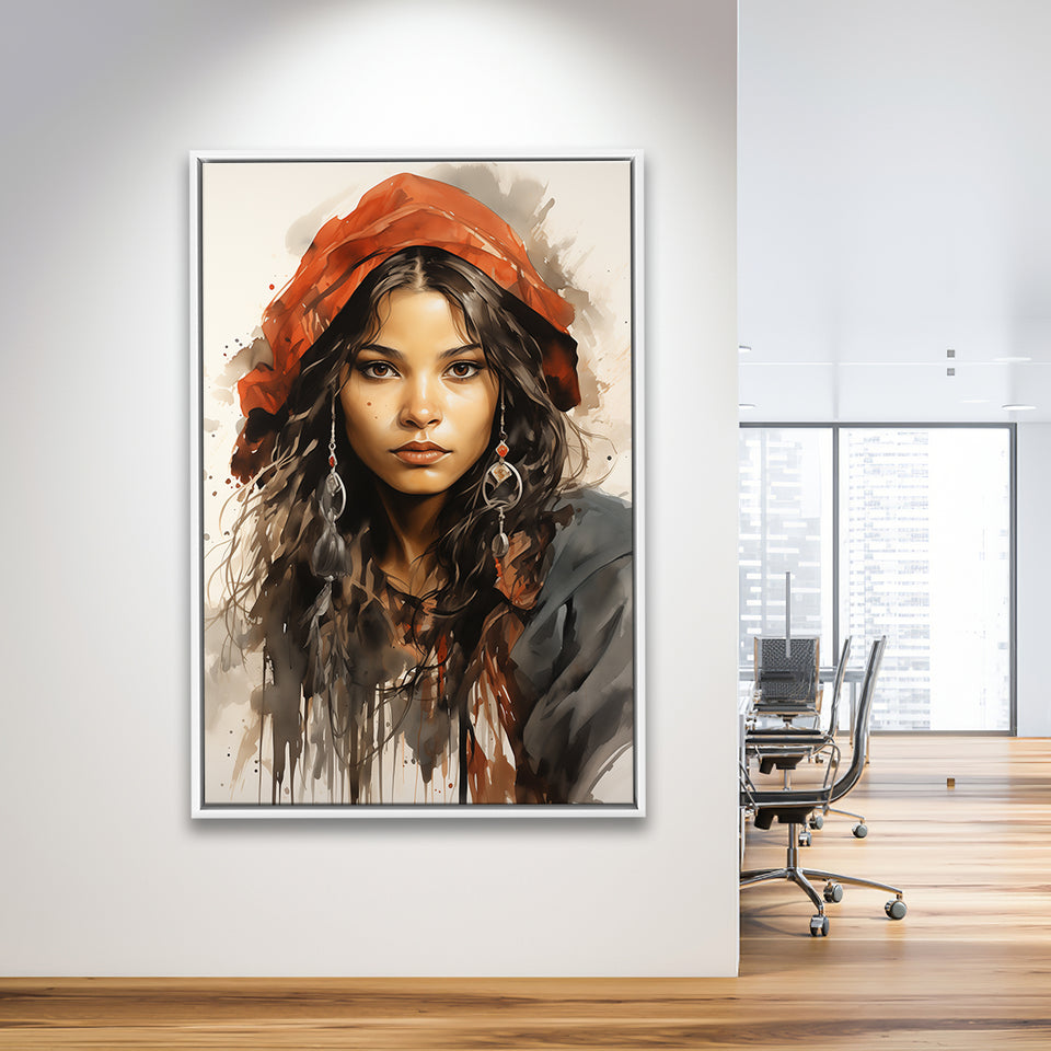 American Girl Native Ink Painting,Framed Canvas Prints,Floating Frame, Wall Art Home Decor