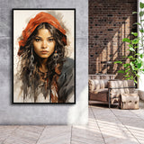 American Girl Native Ink Painting,Framed Canvas Prints,Floating Frame, Wall Art Home Decor
