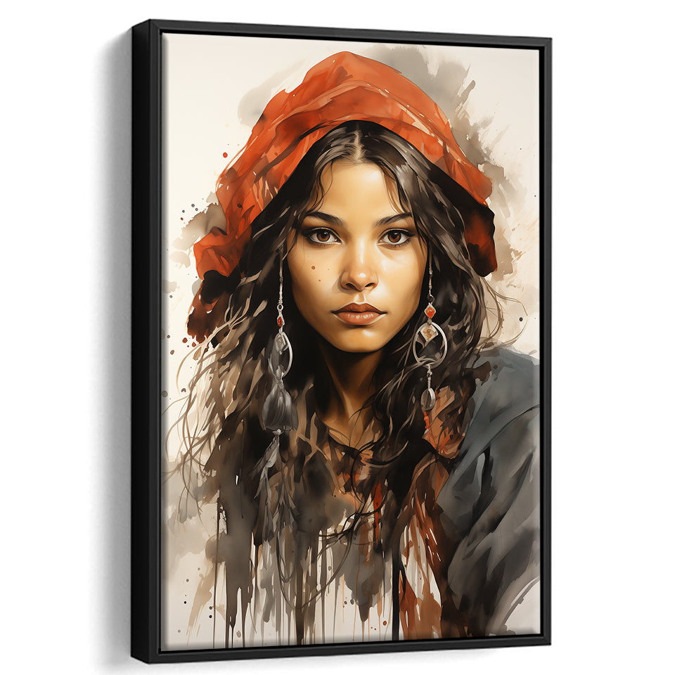 American Girl Native Ink Painting,Framed Canvas Prints,Floating Frame, Wall Art Home Decor
