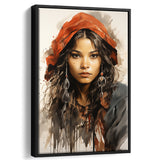 American Girl Native Ink Painting,Framed Canvas Prints,Floating Frame, Wall Art Home Decor