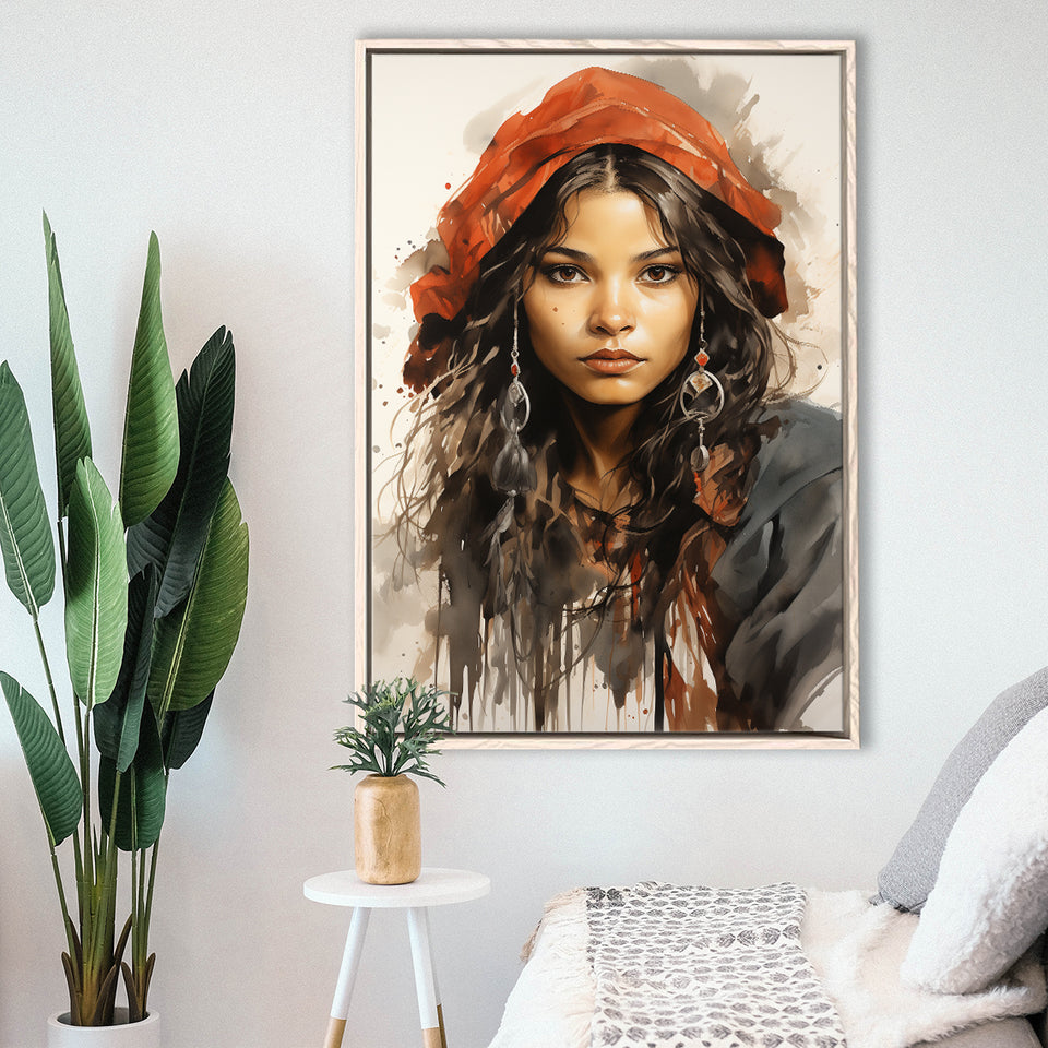 American Girl Native Ink Painting,Framed Canvas Prints,Floating Frame, Wall Art Home Decor