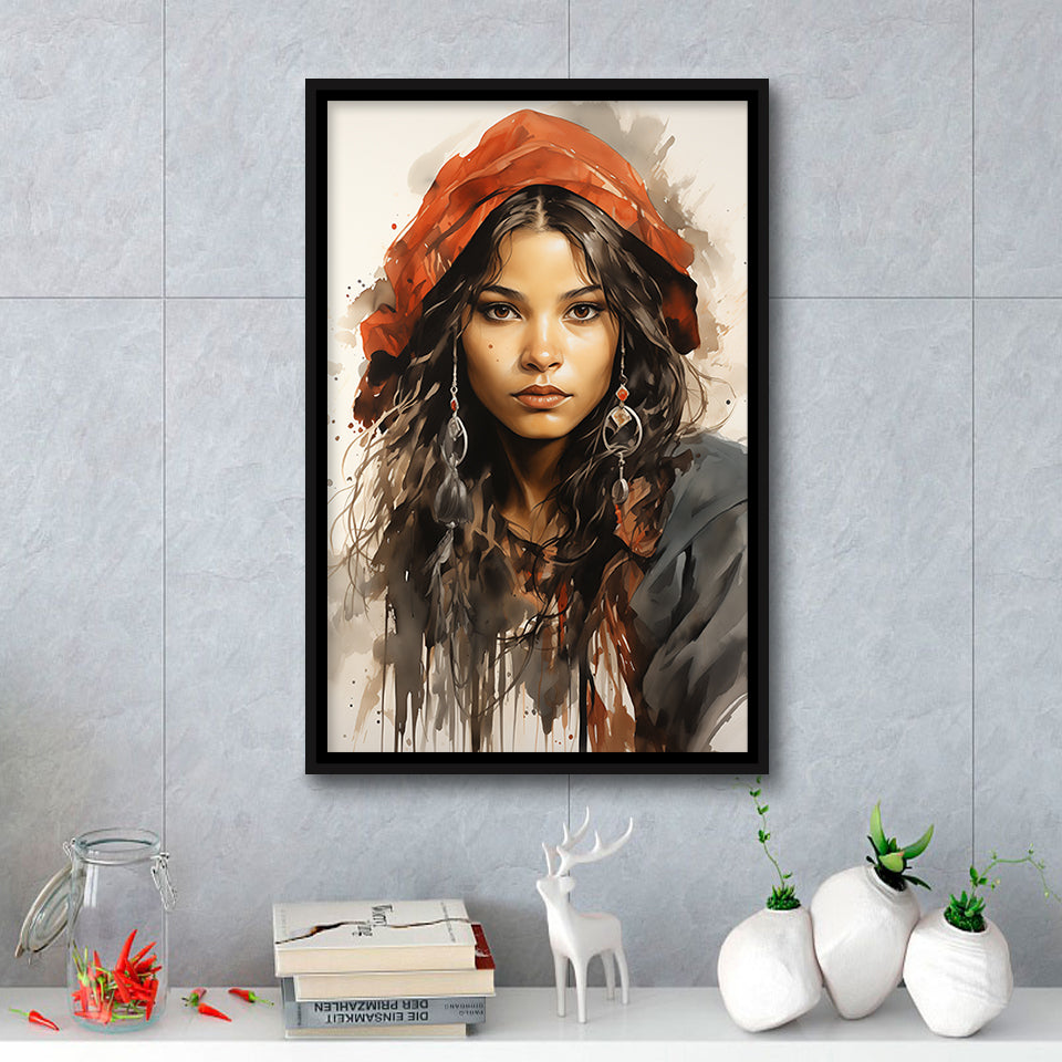 American Girl Native Ink Painting,Framed Canvas Prints,Floating Frame, Wall Art Home Decor