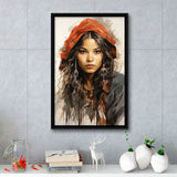 American Girl Native Ink Painting,Framed Canvas Prints,Floating Frame, Wall Art Home Decor