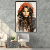 American Girl Native Ink Painting,Framed Canvas Prints,Floating Frame, Wall Art Home Decor