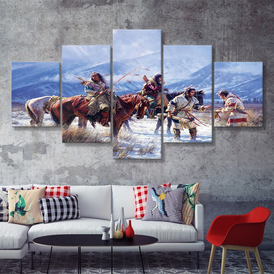 American Indian Archers Warriors Art 5 Pieces Canvas Prints Wall Art - Painting Canvas, Multi Panels, Wall Decor