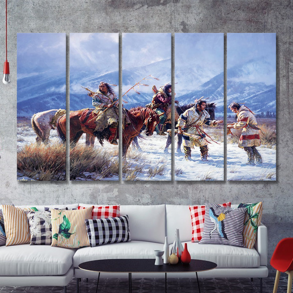 American Indian Archers Warriors Art 5 Pieces B Canvas Prints Wall Art - Painting Canvas, Multi Panels, Wall Decor