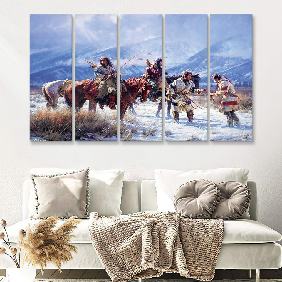 American Indian Archers Warriors Art 5 Pieces B Canvas Prints Wall Art - Painting Canvas, Multi Panels, Wall Decor