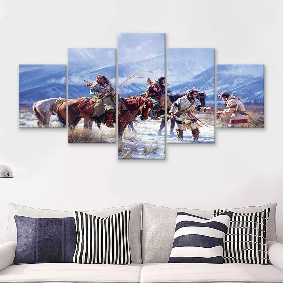 American Indian Archers Warriors Art 5 Pieces Canvas Prints Wall Art - Painting Canvas, Multi Panels, Wall Decor