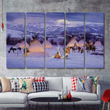 American Indian Village At Sunset Art 5 Pieces B Canvas Prints Wall Art - Painting Canvas, Multi Panels, Wall Decor