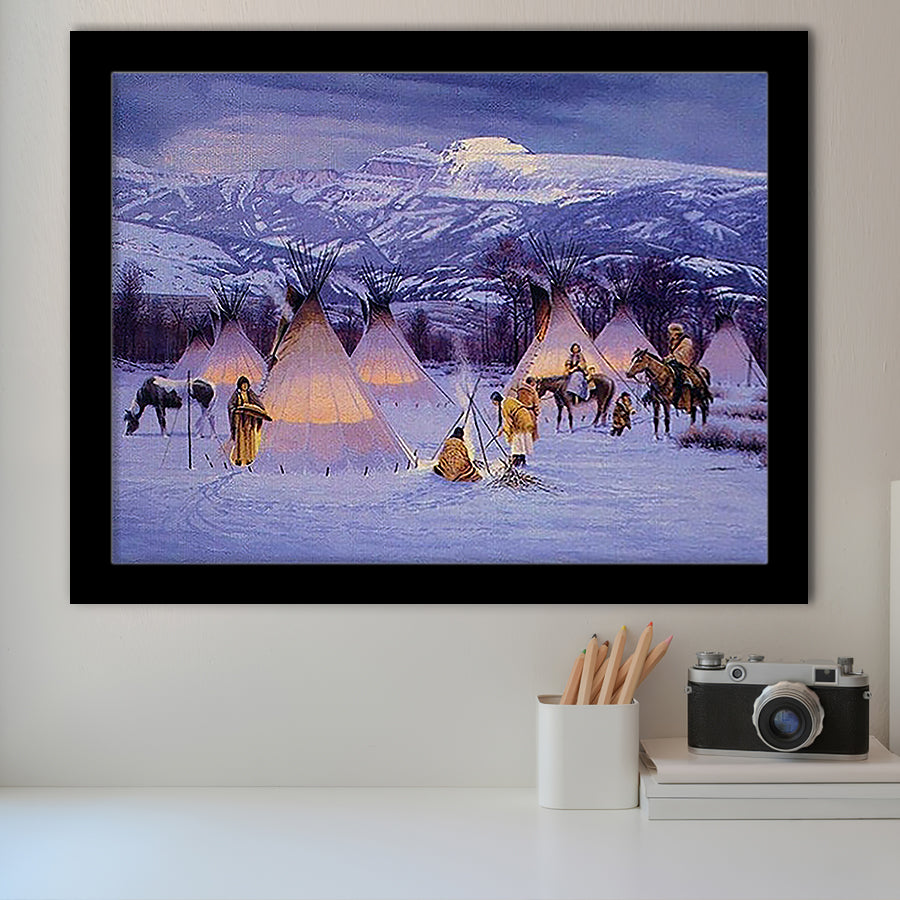 American Indian Village At Sunset Art Framed Art Prints Wall Decor - Painting Prints,Framed Picture, Home Decor, For Sale