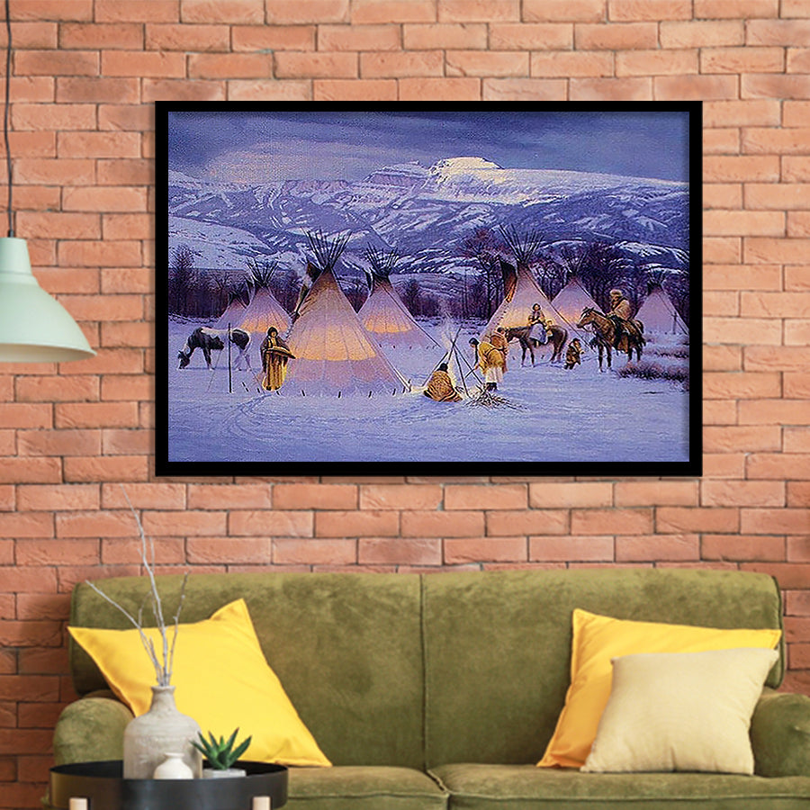 American Indian Village At Sunset Art Framed Art Prints Wall Decor - Painting Prints,Framed Picture, Home Decor, For Sale