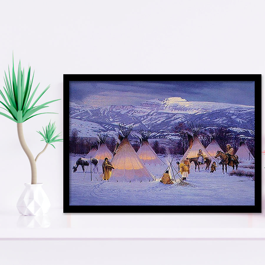 American Indian Village At Sunset Art Framed Art Prints Wall Decor - Painting Prints,Framed Picture, Home Decor, For Sale