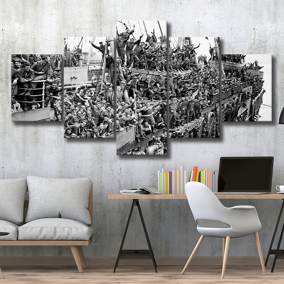 American Soldiers Returning Home Black And White Print, Wwii 5 Panels, Canvas Prints Wall Art Decor, Large Canvas Art