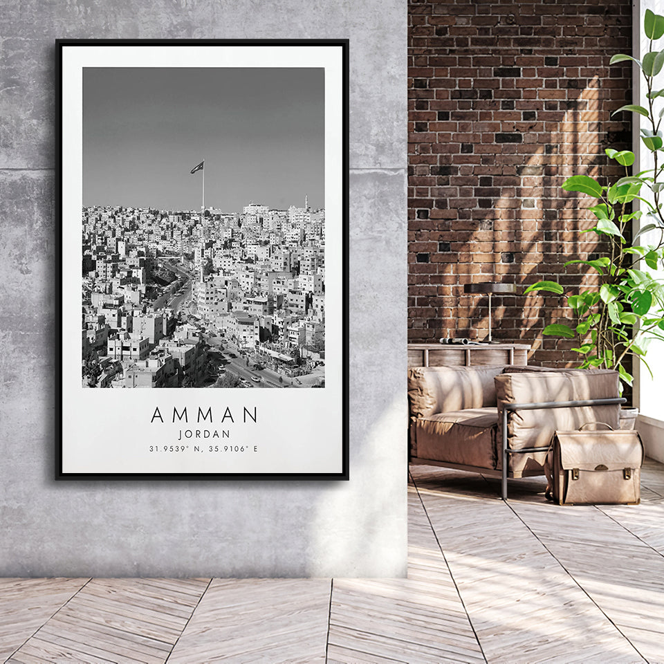 Amman, Jordan Black And White Art Framed Canvas Prints Wall Art Home Decor, Floating Frame