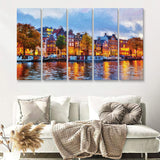 Amsterdam Colorful City Landscape 5 Piece B Canvas Prints Wall Art Decor - Painting Canvas, Multi Panels