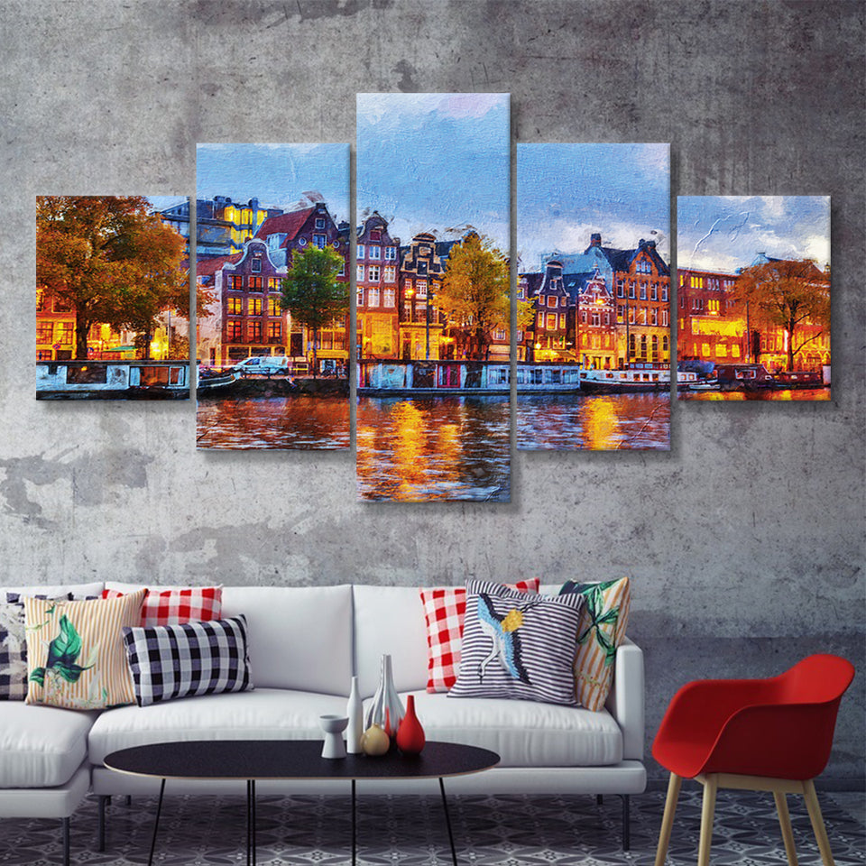 Amsterdam Colorful City Landscape 5 Piece Canvas Prints Wall Art Decor - Painting Canvas, Multi Panels