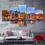 Amsterdam Colorful City Landscape 5 Piece Canvas Prints Wall Art Decor - Painting Canvas, Multi Panels