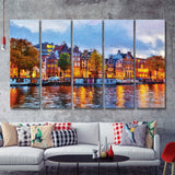 Amsterdam Colorful City Landscape 5 Piece B Canvas Prints Wall Art Decor - Painting Canvas, Multi Panels
