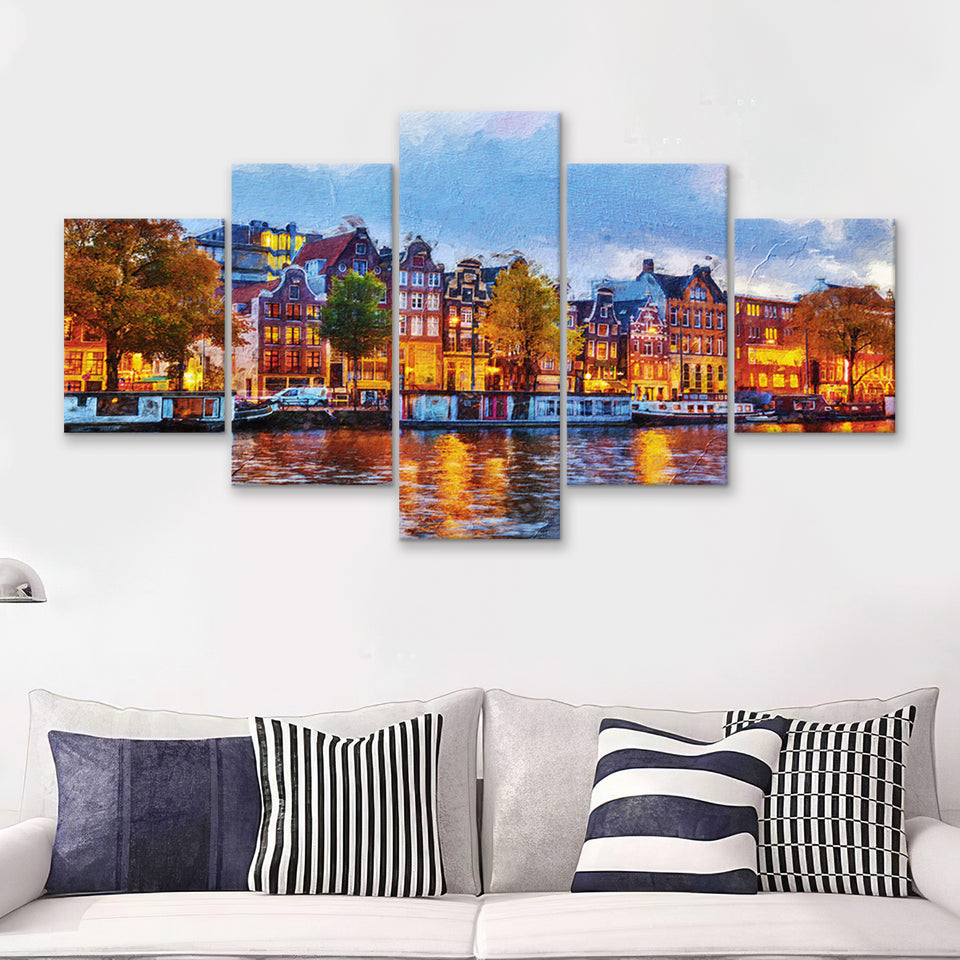 Amsterdam Colorful City Landscape 5 Piece Canvas Prints Wall Art Decor - Painting Canvas, Multi Panels