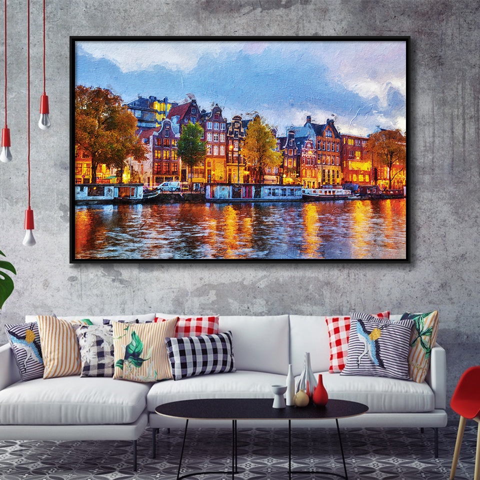 Amsterdam Colorful City Landscape Framed Canvas Prints Wall Art Decor - Paiting Canvas, Art Prints, Floating Frame