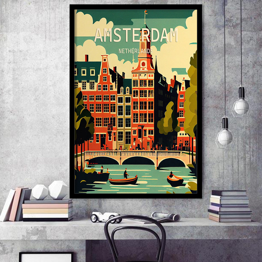 Amsterdam Netherlands Retro Art Print, City Art Print, Framed Art Print Wall Art Home Decor, Framed Picture