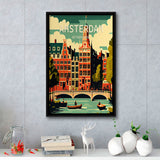 Amsterdam Netherlands Retro Art Print, Large Canvas, Framed Canvas Print Wall Art Home Decor, Floating Frame