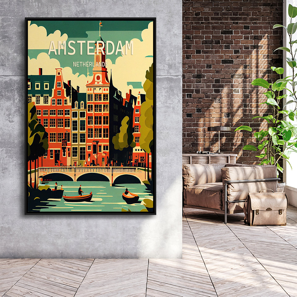Amsterdam Netherlands Retro Art Print, Large Canvas, Framed Canvas Print Wall Art Home Decor, Floating Frame