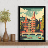 Amsterdam Netherlands Retro Art Print, Large Canvas, Framed Canvas Print Wall Art Home Decor, Floating Frame
