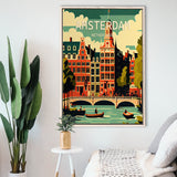 Amsterdam Netherlands Retro Art Print, Large Canvas, Framed Canvas Print Wall Art Home Decor, Floating Frame